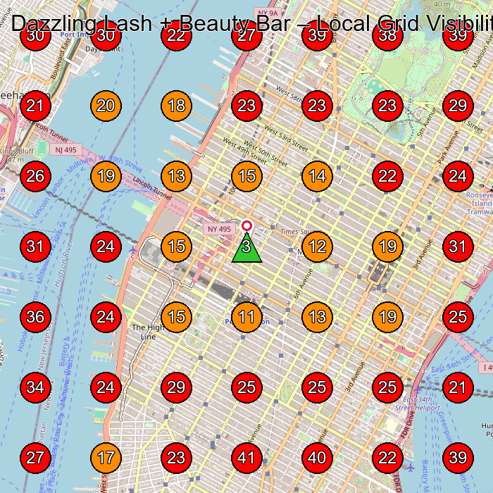 Dazzling Lash + Beauty Bar GeoGrid visibility map for Beauty Salon in New York